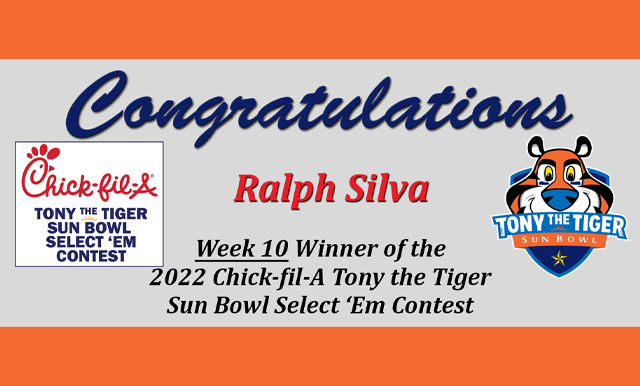 Chick-fil-A Tony the Tiger Sun Bowl Select ‘Em Contest: Weekly Winner & Upcoming Games: Winner from Week 10 and Games to Choose from for Week 11
